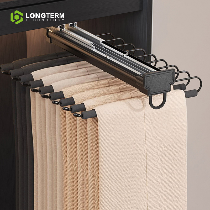 Wardrobe Pull Out Pants Rack with Soft Damping Slide - Top Mounted Hanger Organizer